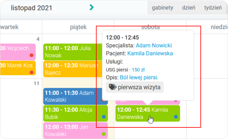 Widok zapisanego pacjenta w kalendarzu