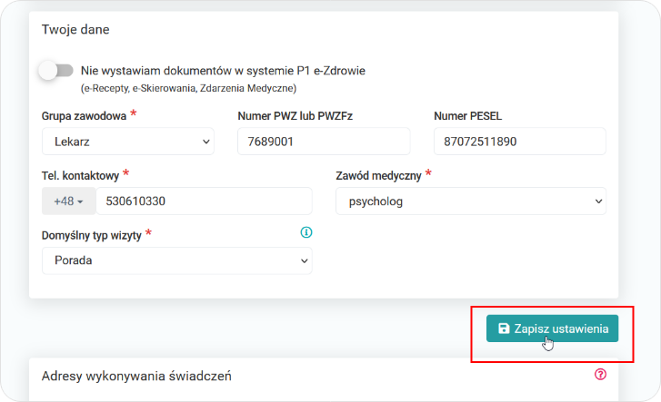 Zapisz ustawienia e-Recepta