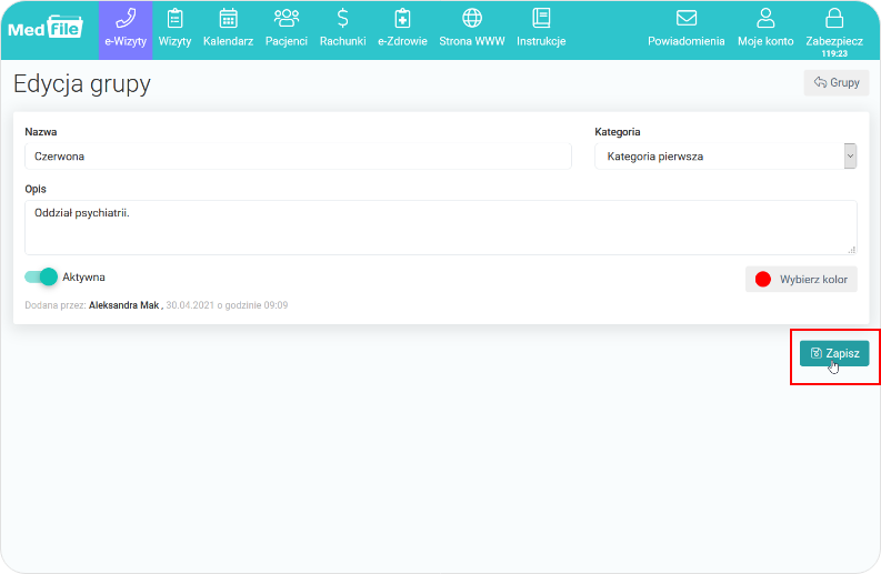 Zapisz zmiany w grupie pacjentów