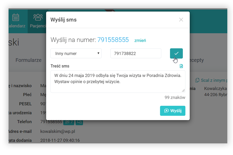 Zatwierdź zmianę numeru telefonu do wysyłki indywidualnego SMSa