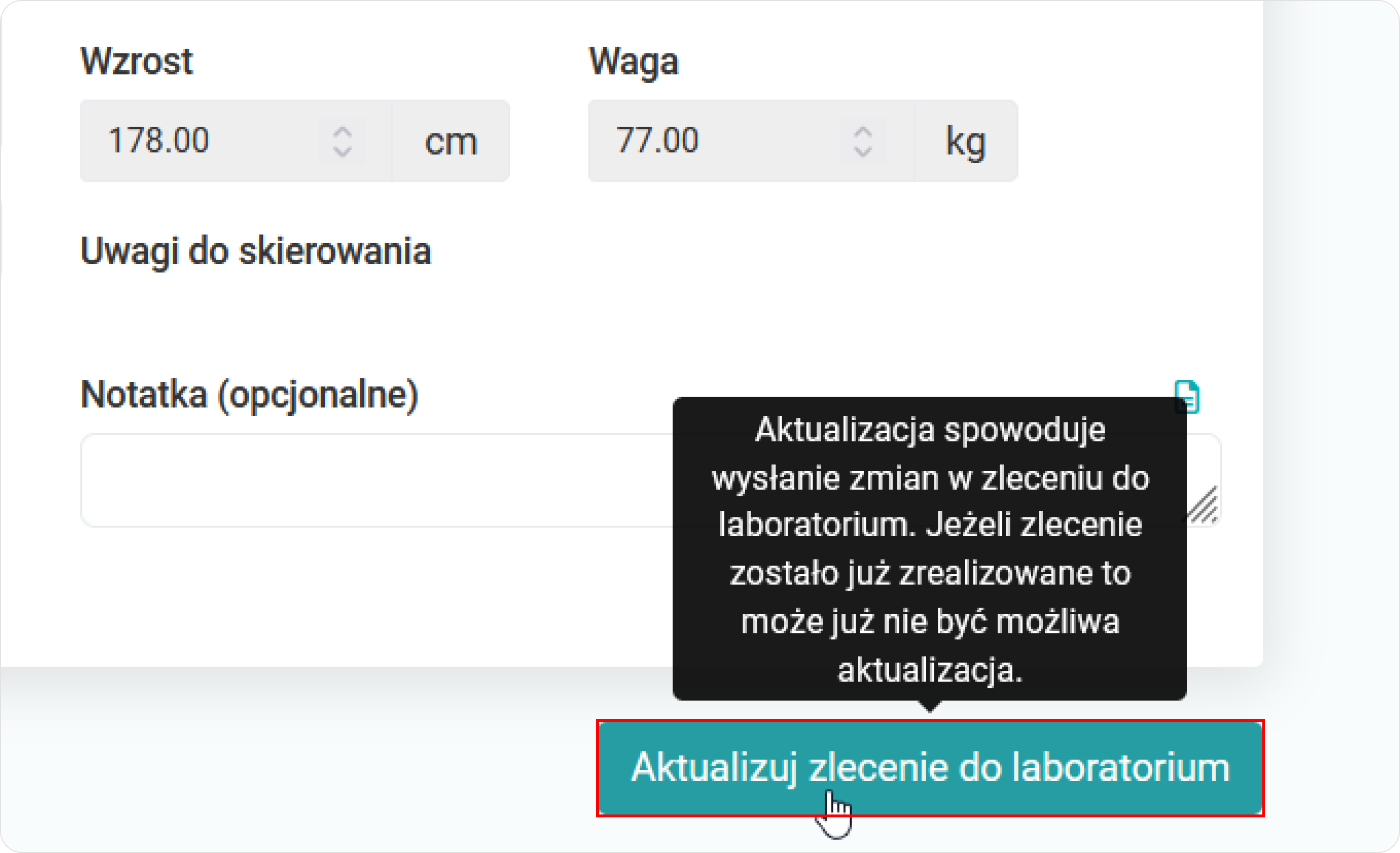 Aktualizuj zlecenie do laboratorium