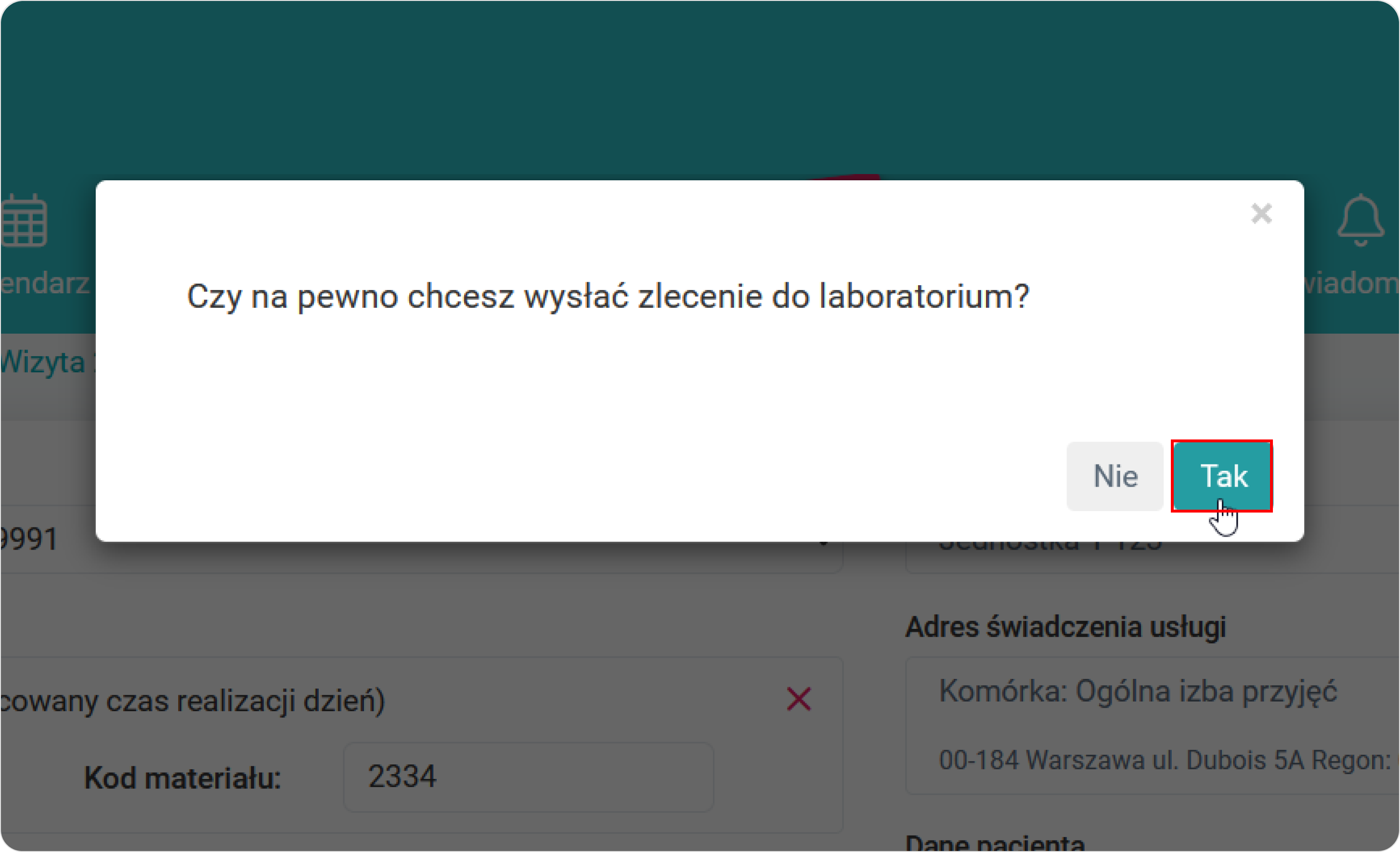 Potwierdź wysyłanie zlecenia do laboratorium
