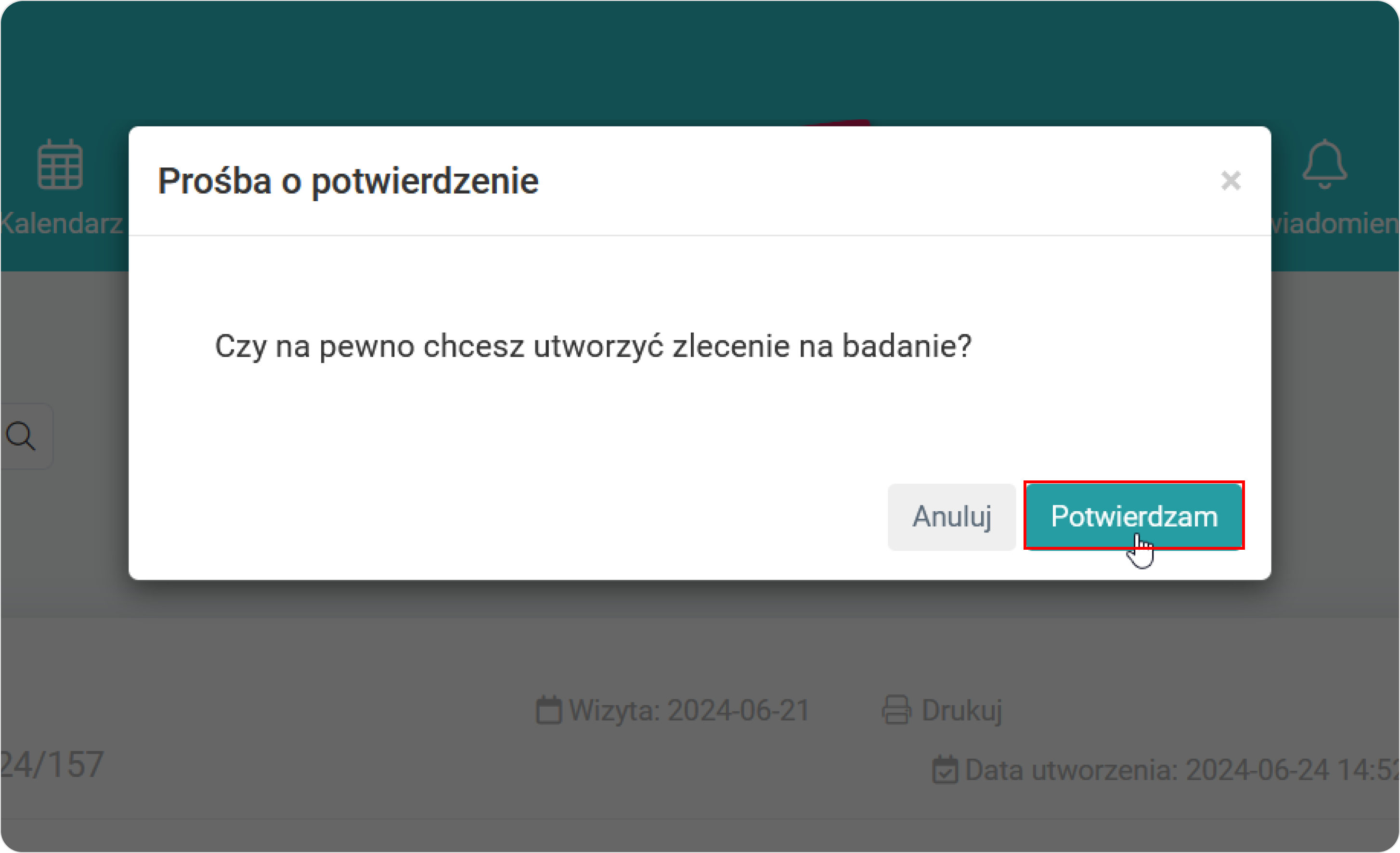 Potwierdź utworzenie zlecenia na badanie