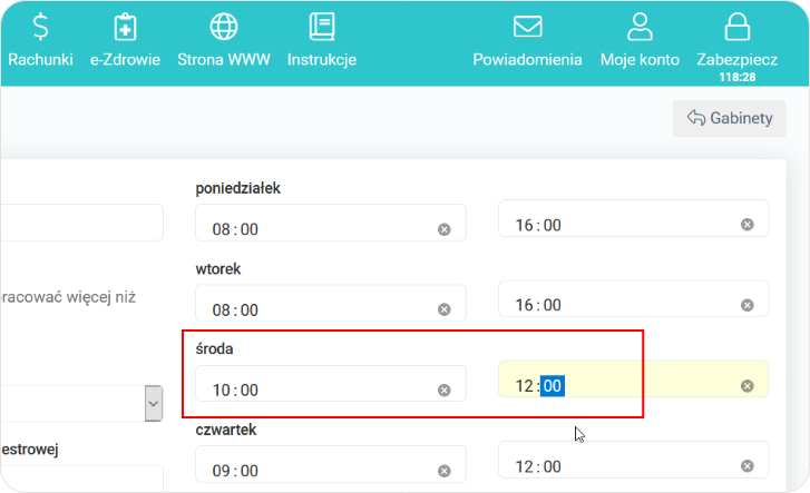 Zmień godziny pracy gabinetu