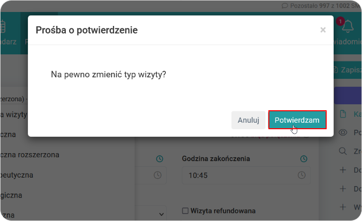 Potwierdź zmianę typu wizyty