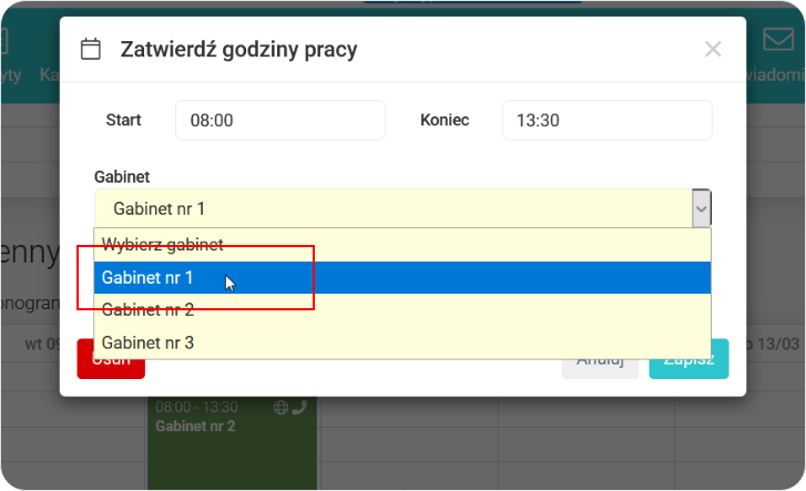 Zmień gabinet w harmonogramie dziennym