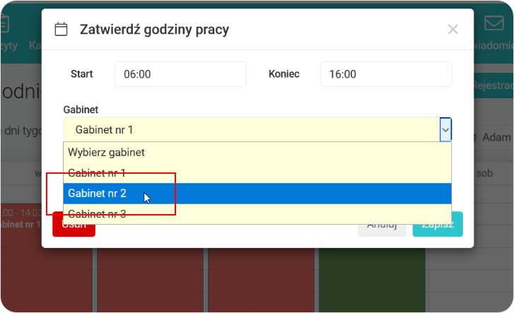 Zmień gabinet w harmonogramie tygodniowym