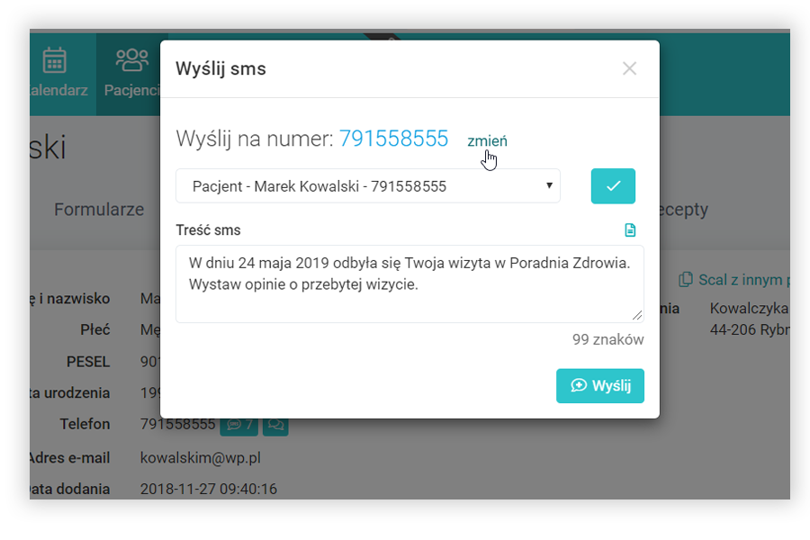 Zmień numeru telefonu do wysyłki indywidualnego SMSa