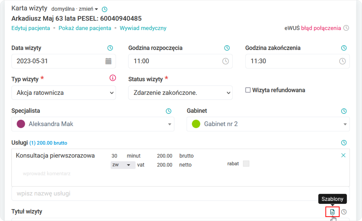 Wskaż na szablony w karcie wizyty