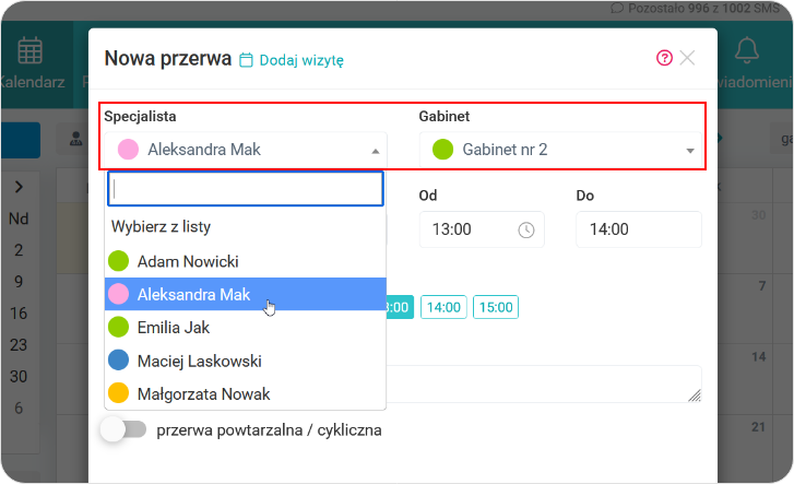 Wybierz specjalistę oraz gabinet