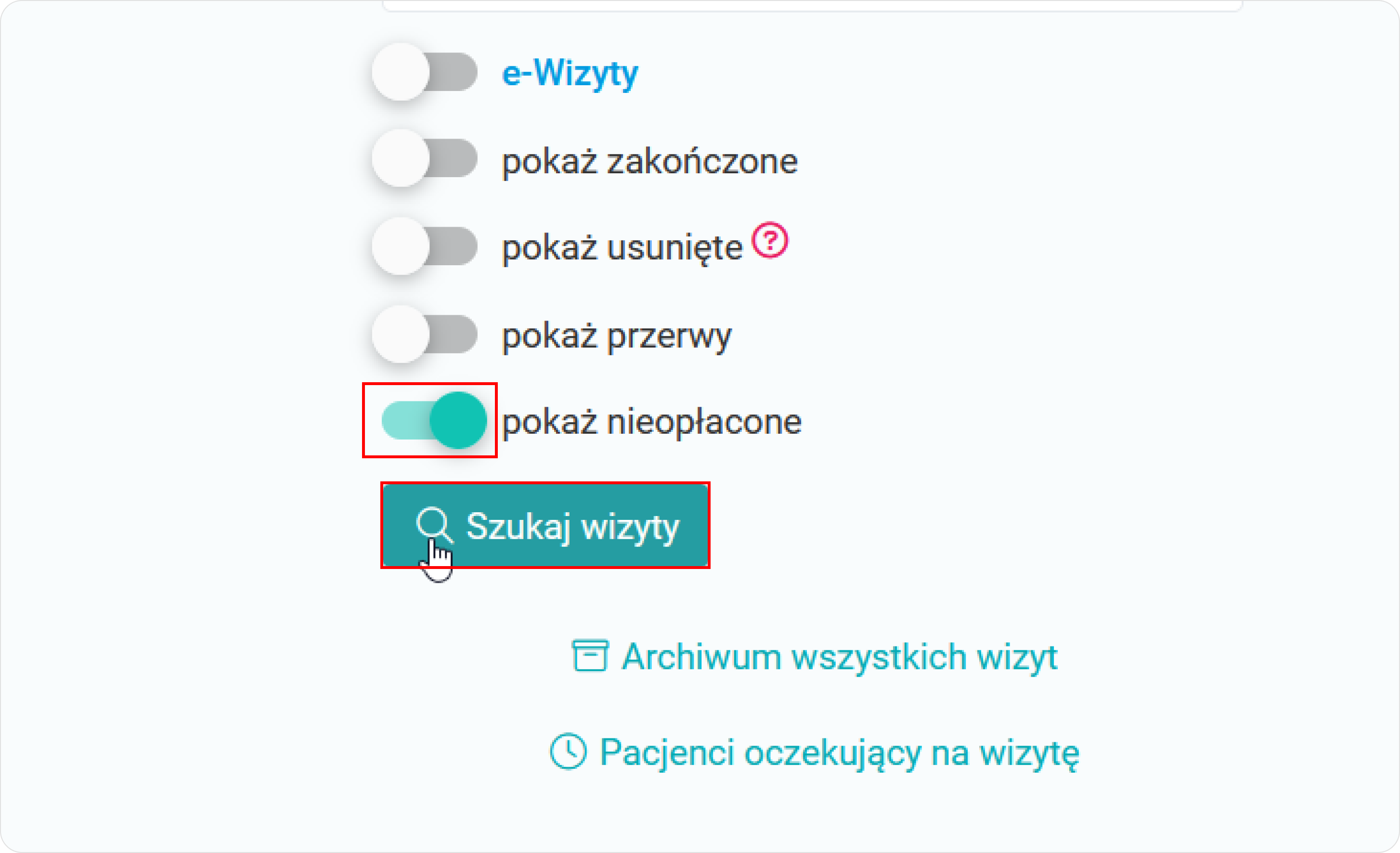 Szukaj wizyty dzięki filtrom