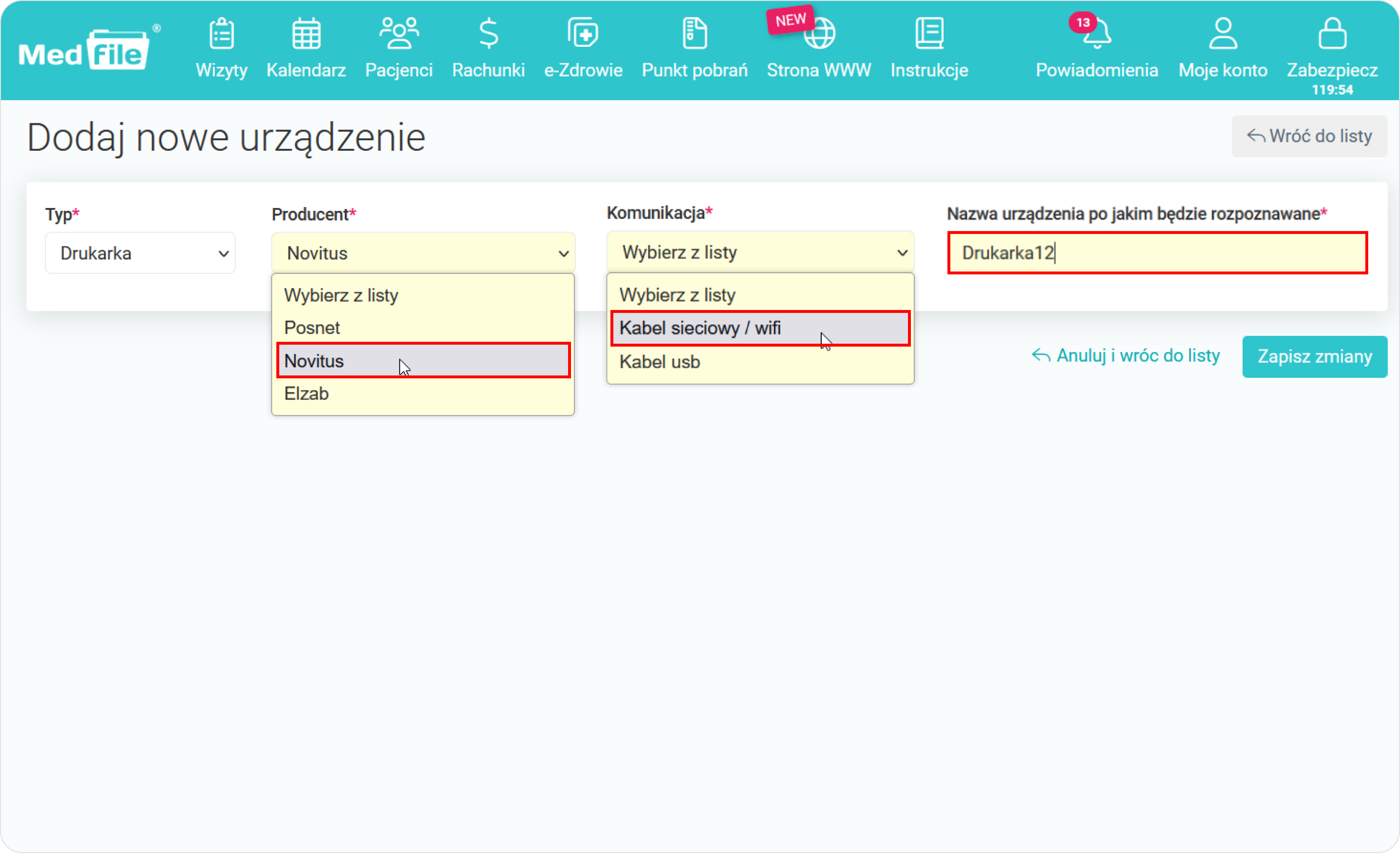 Wprowadź informacje o nowym urządzeniu